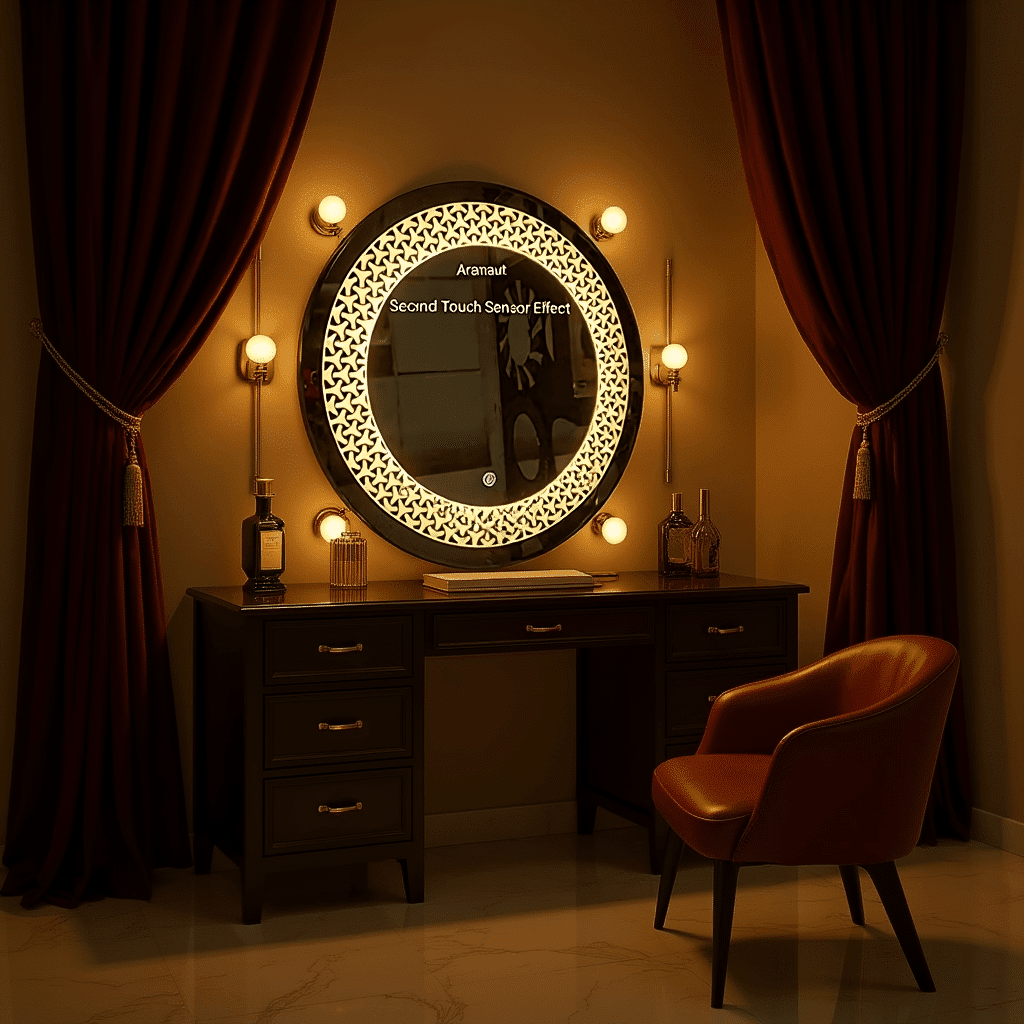 Designer Circular LED Mirror with Decorative Pattern Lighting