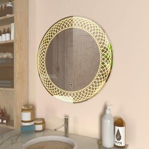 Designer Round LED Mirror India – Golden Lattice Light | Touch Sensor