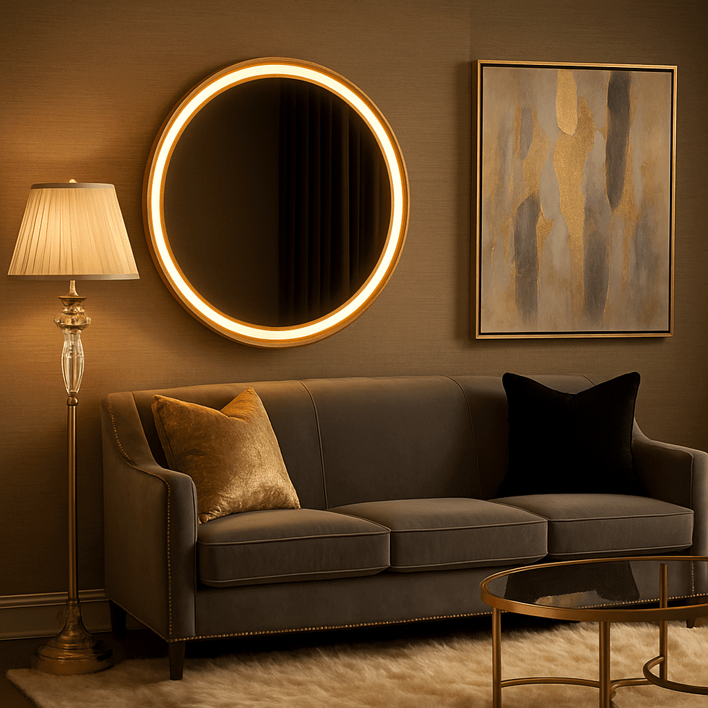 Modern Bathroom with Round LED Mirror and Warm Ambient Lighting