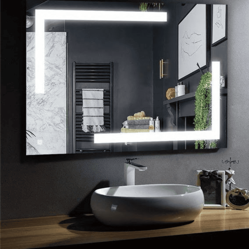 Geometric LED Mirror with L-Shaped Light Design – Anti-Fog & Touch Control