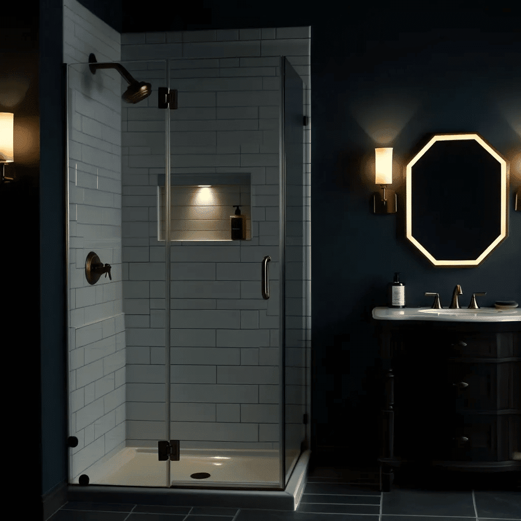 Modern Bathroom with Geometric LED Mirror & Warm Ambient Lighting