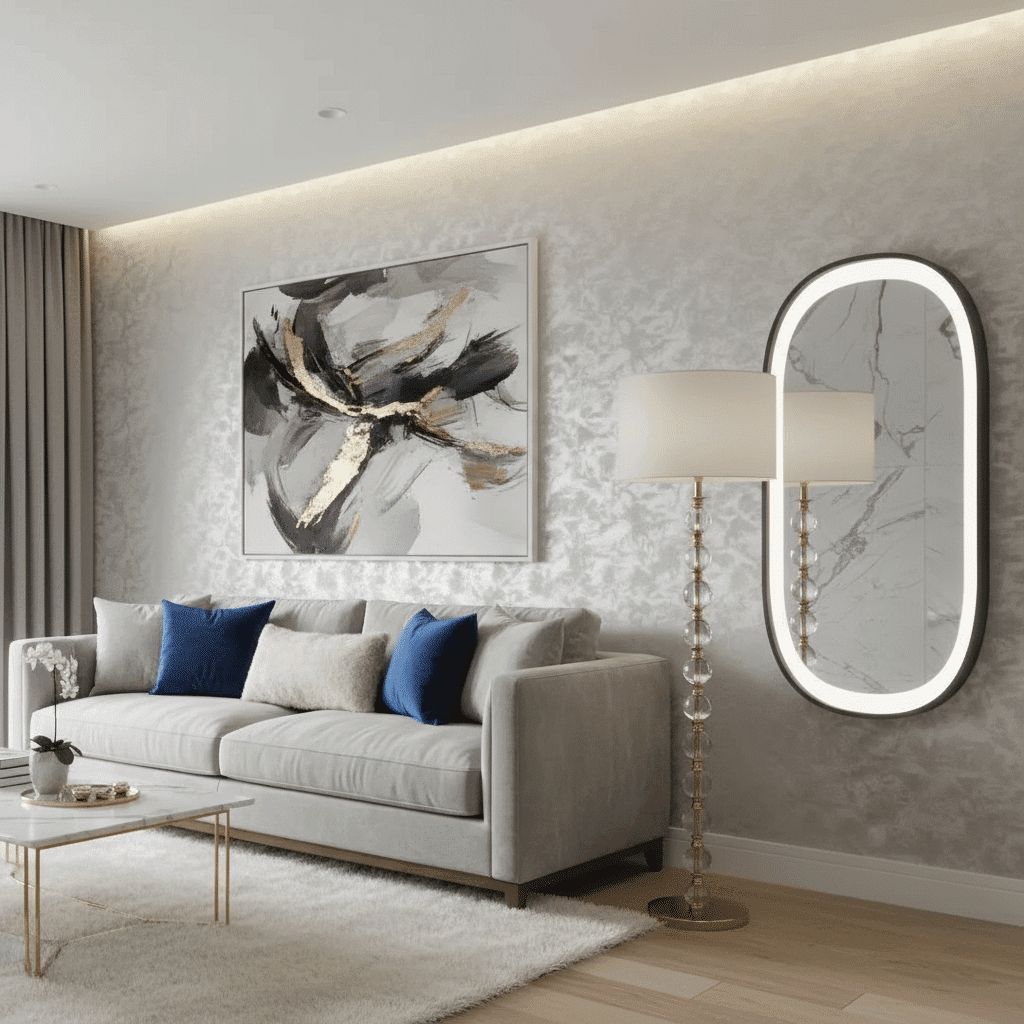 Luxury Marble Bathroom with Oval LED Mirror & Gold Accents