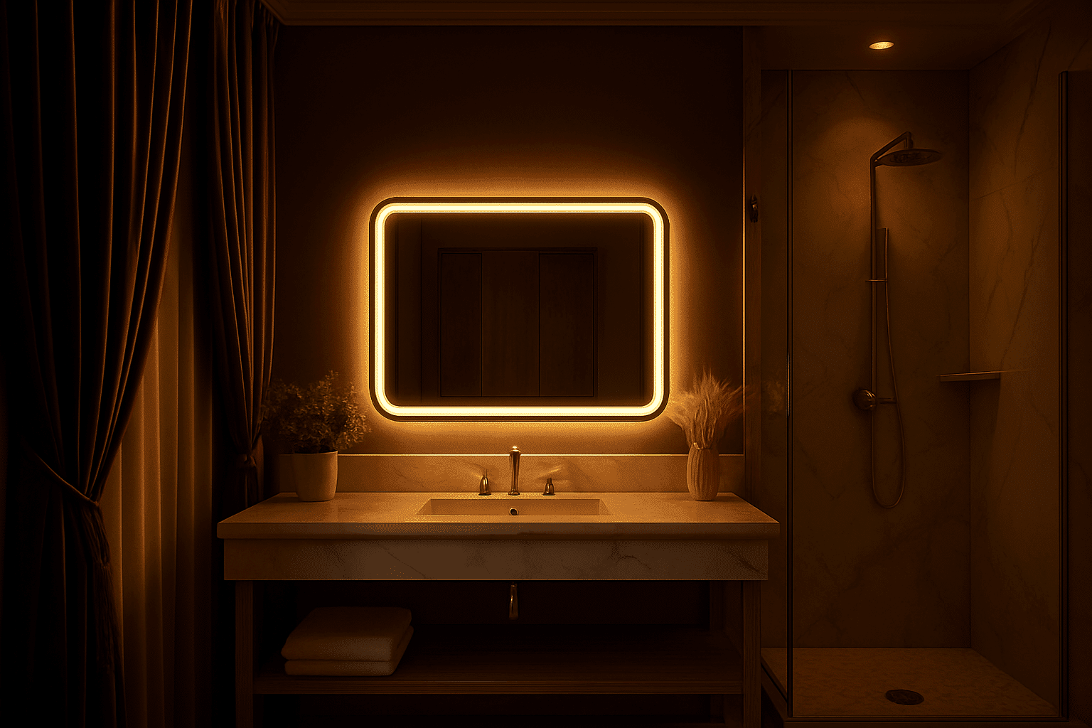 Modern Rectangular LED Mirror – Black Stainless Steel Frame with Shelving