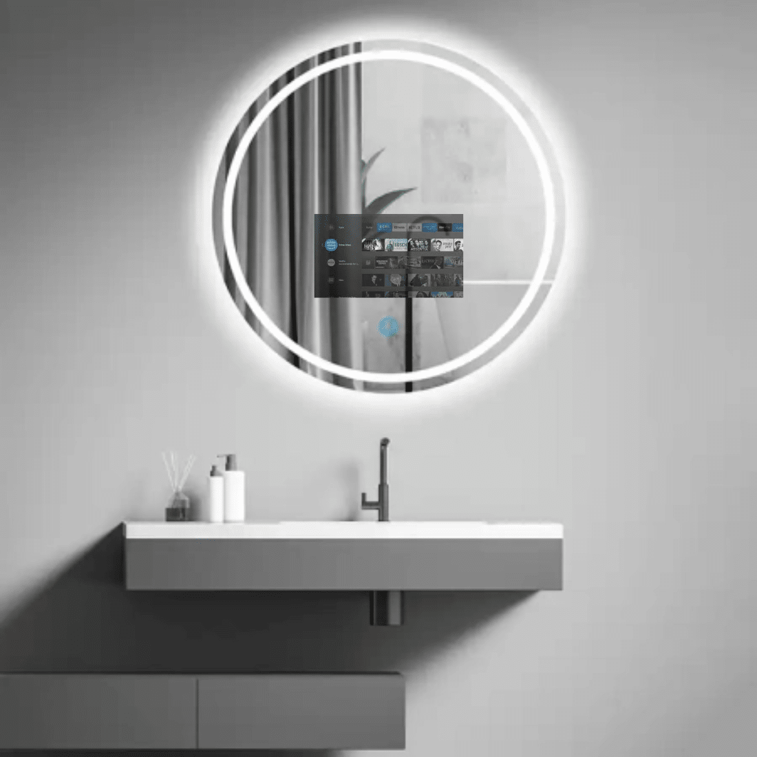Round Smart Android TV LED Mirror with Touch & Remote – Luxury Bathroom Tech with Frame