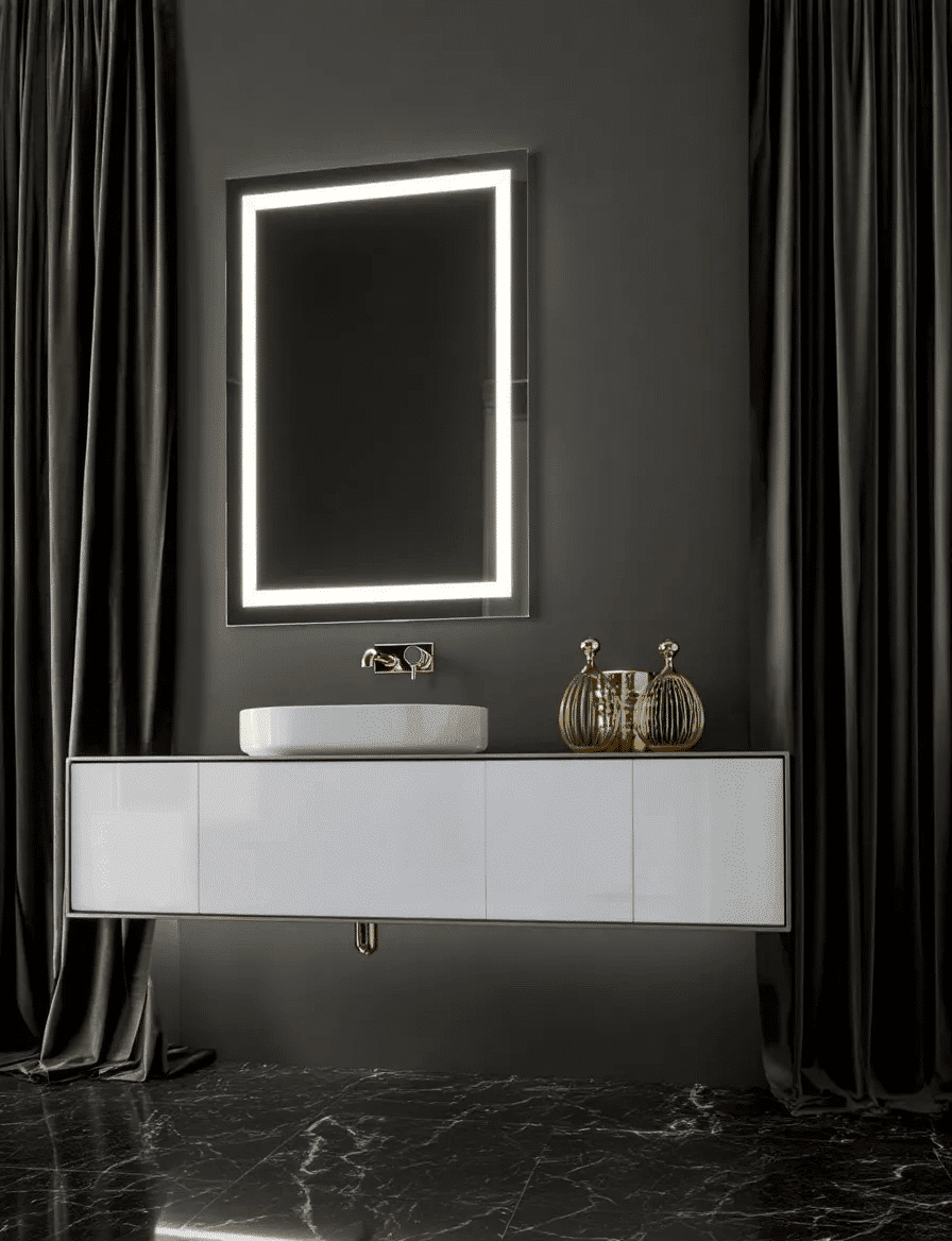 led rectangle mirror grey wall