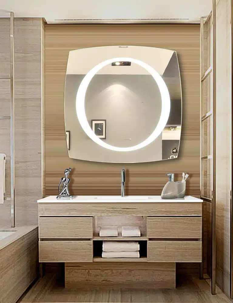 Square LED Mirror with Circular LED Light – Modern Mirror for Bathroom and Vanity Spaces