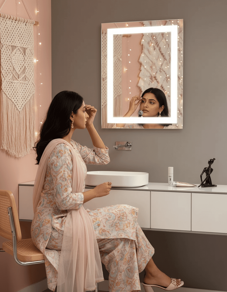 led rectangle mirror grey wall