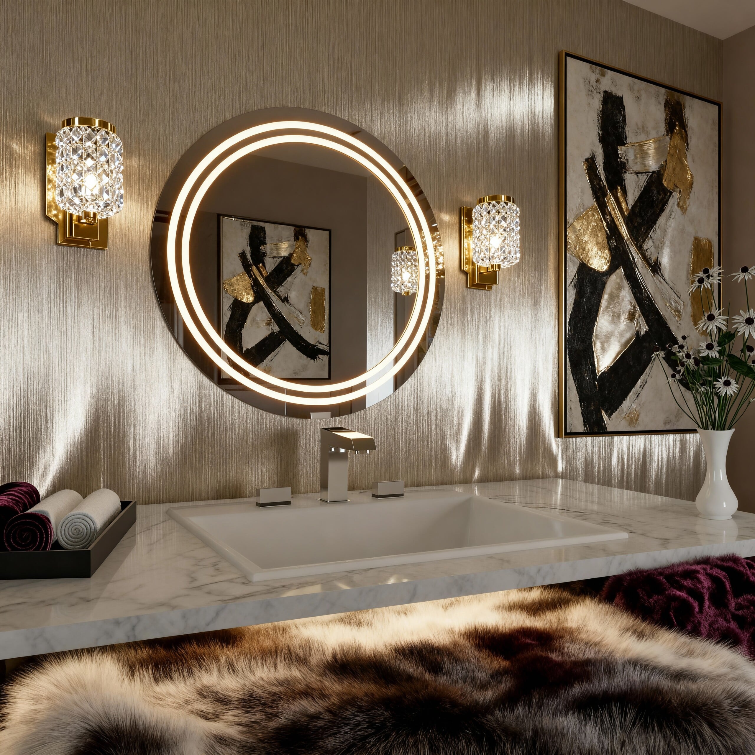 Luxury Round LED Bathroom Mirror with Double Ring Lighting