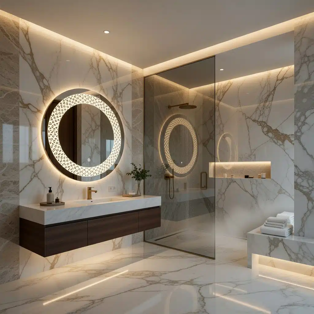 Designer Circular LED Mirror with Decorative Pattern Lighting