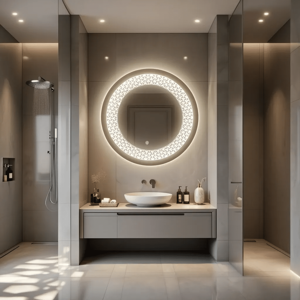 legant Marble Bathroom with Designer Round LED Mirror 3 legant Marble Bathroom with Designer Round LED Mirror 3