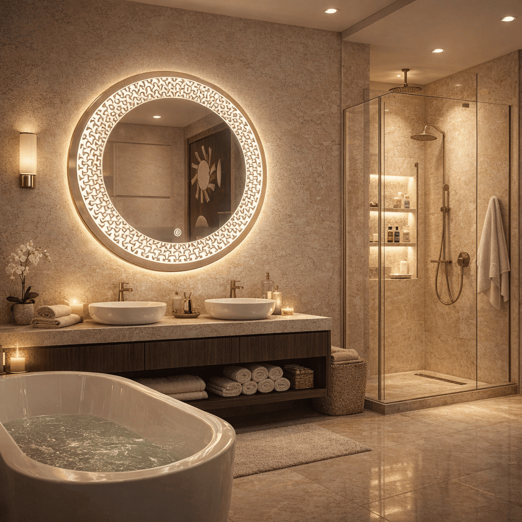 legant Marble Bathroom with Designer Round LED Mirror 2 legant Marble Bathroom with Designer Round LED Mirror 2