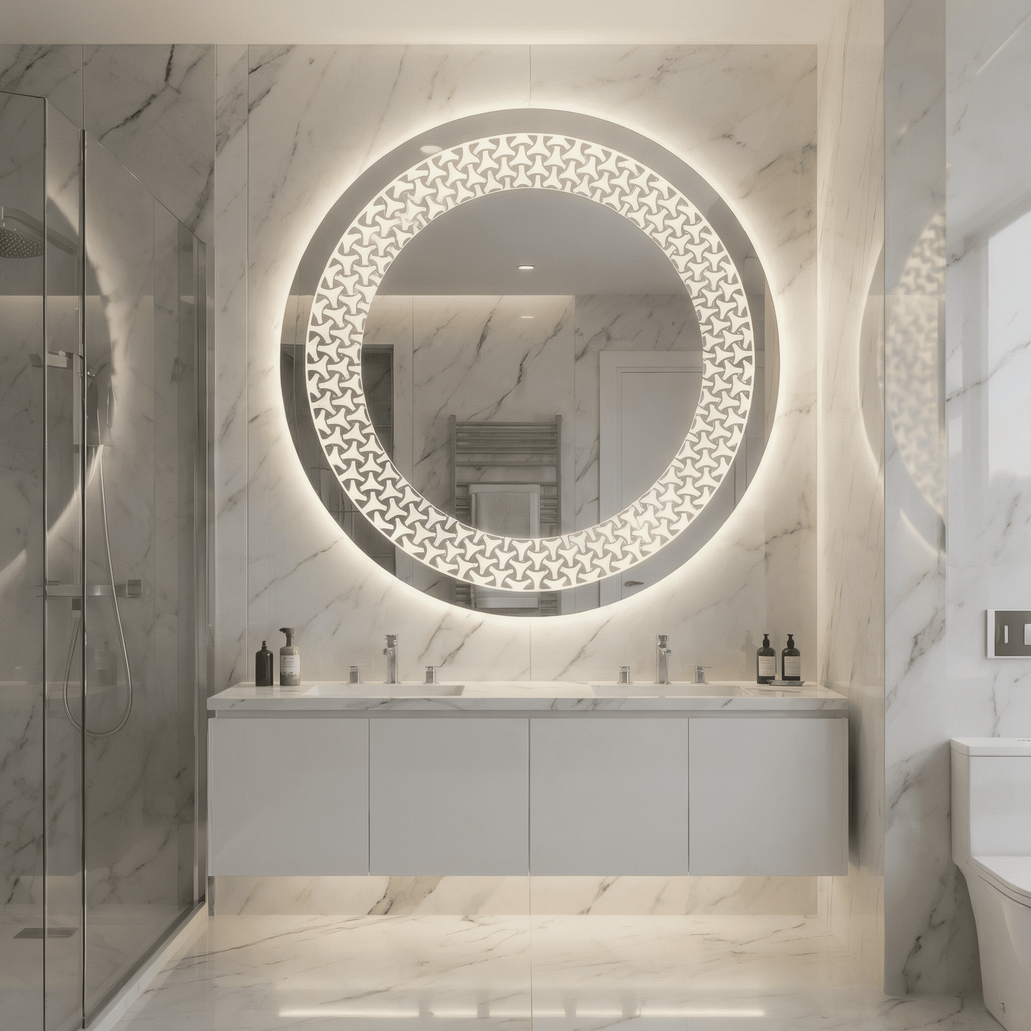 legant Marble Bathroom with Designer Round LED Mirror