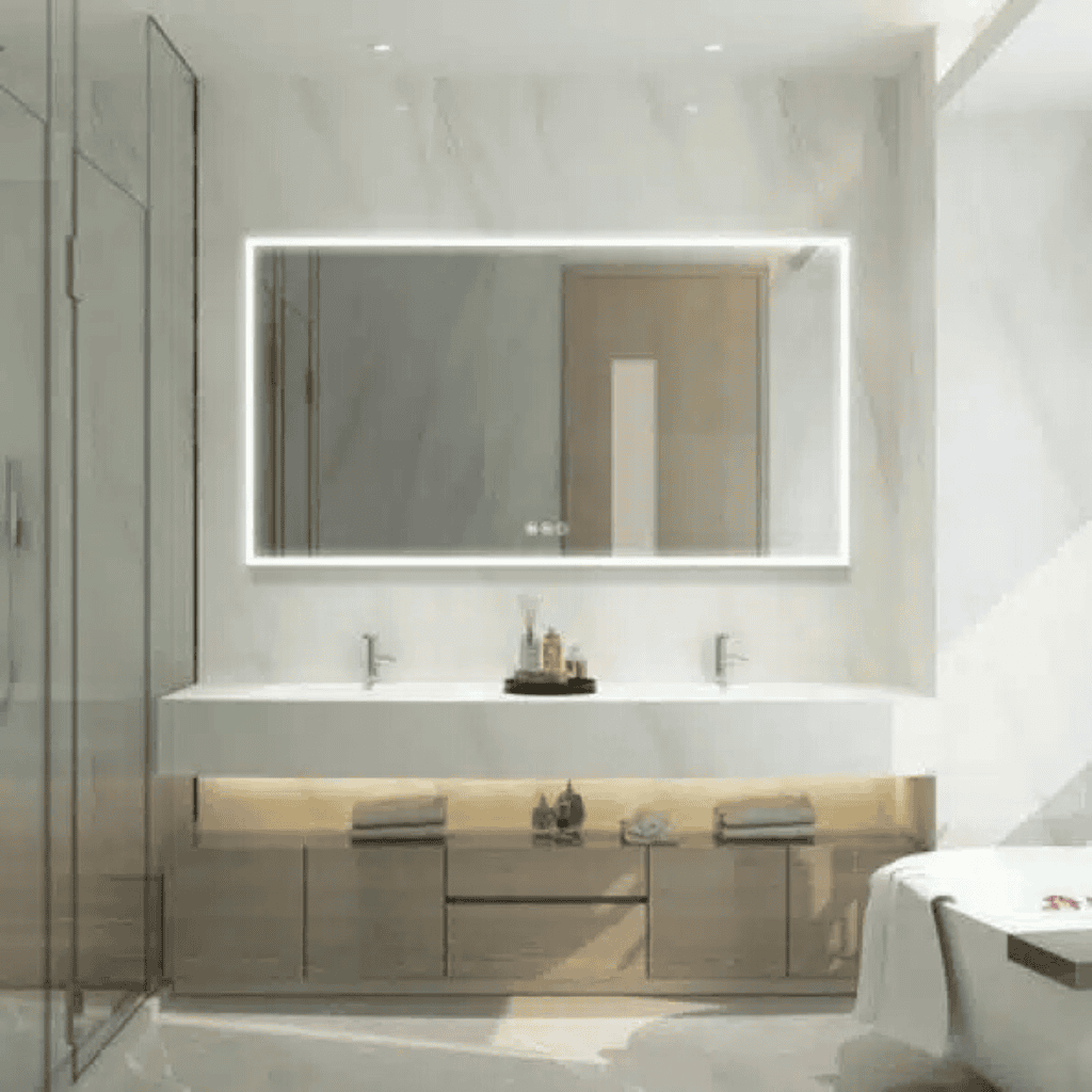 Hotel Decoration Led Backlit Mirror Wall Mounted Laser Logo Smart Led Heated Led Smart Bathroom Mirror
