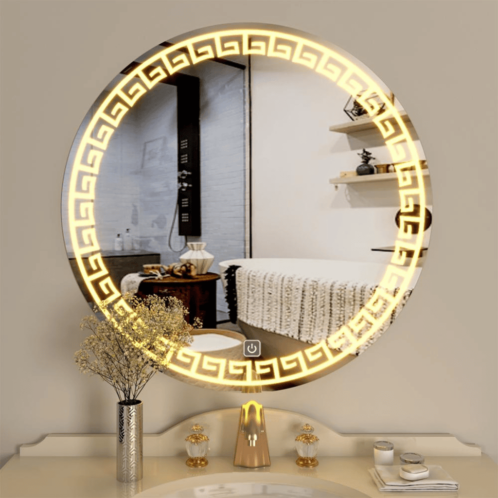 Greek Key Motif Greek Key Motif LED Round Bathroom Mirror