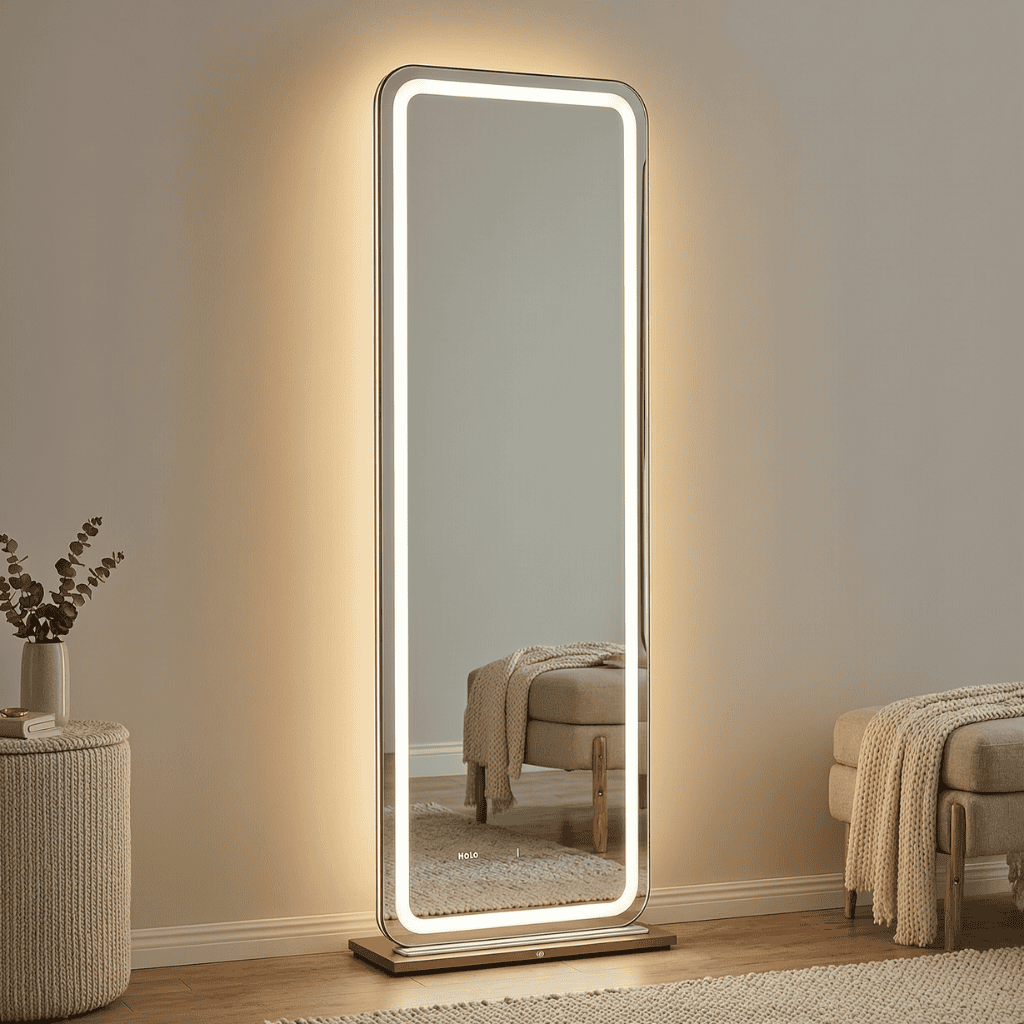 Halo Tall Light Mirror - Full-Length LED Mirror with Touch Control & Ambient Lighting
