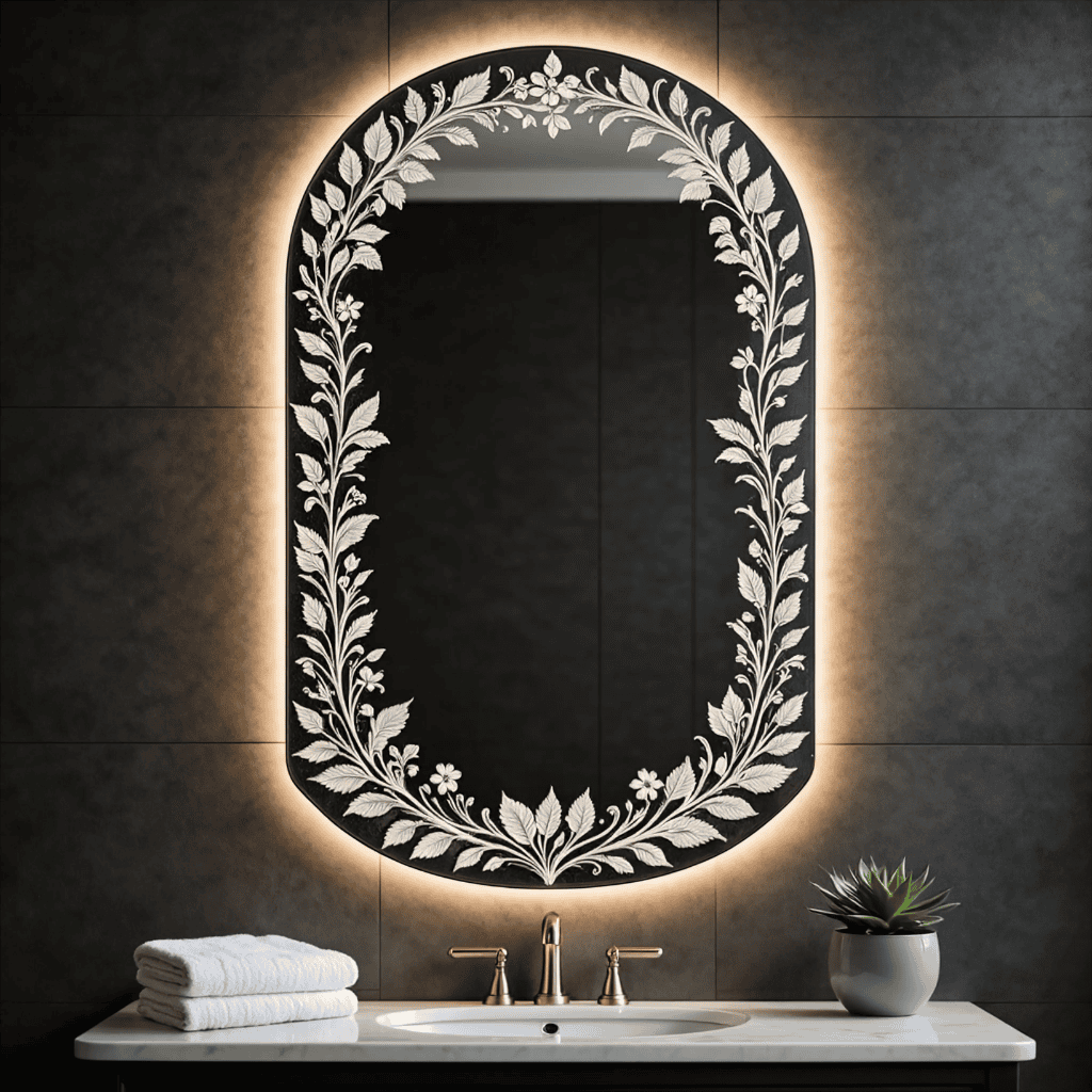 Floral Design LED Mirror – Elegant Bathroom Mirror with Soft Light Frame