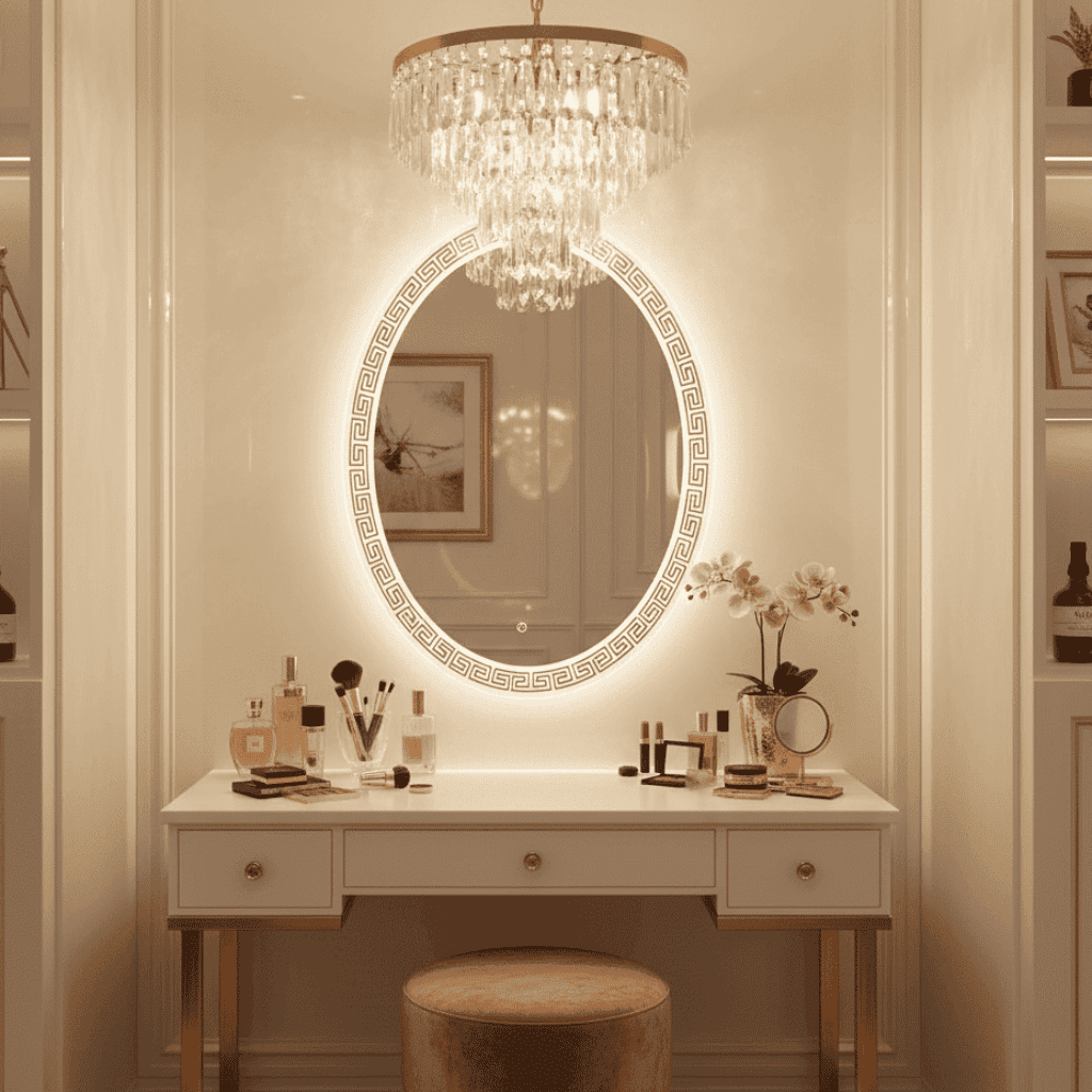 Grecian Glow Oval Mirror with LED Backlight and Etched Border 1 Grecian Glow Oval Mirror with LED Backlight and Etched Border 1