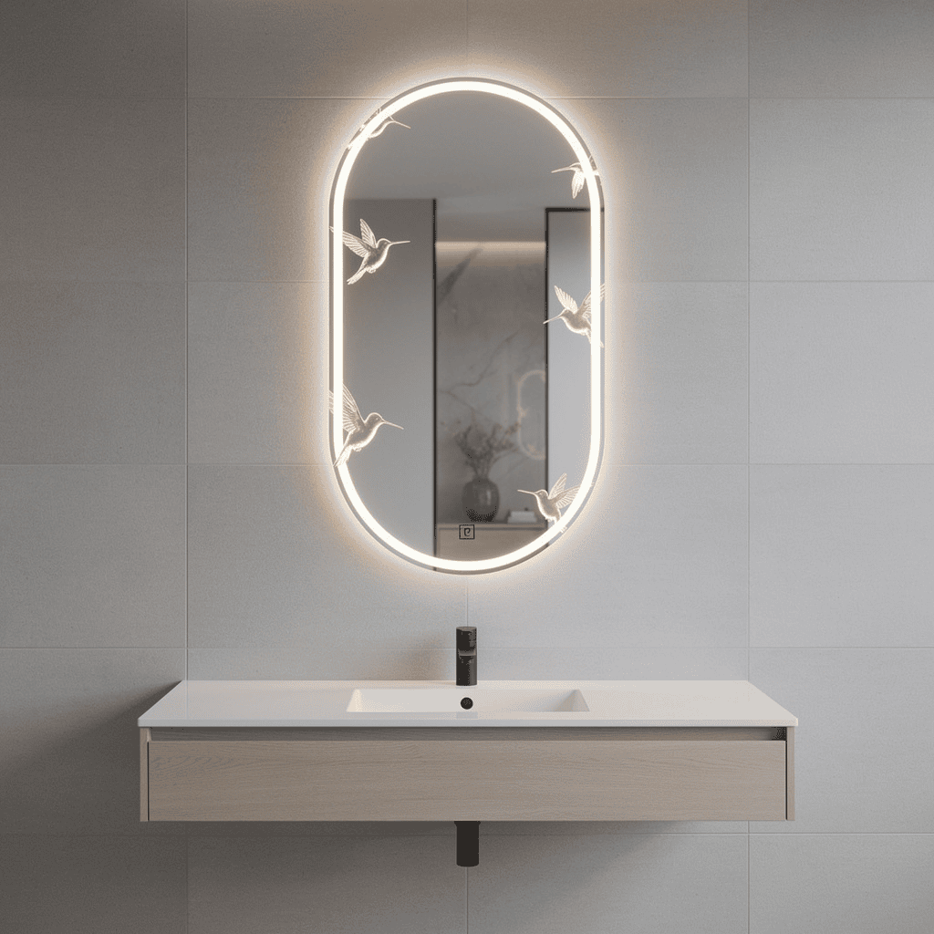 HummingGlow Oval LED Mirror – Artistic Elegance for Modern Bathrooms