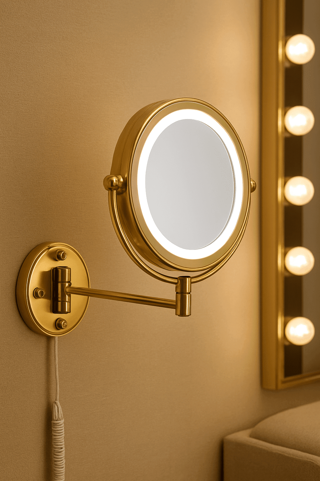LuxEdge Wall-Mounted Gold LED Magnifying Mirror with Adjustable Arm
