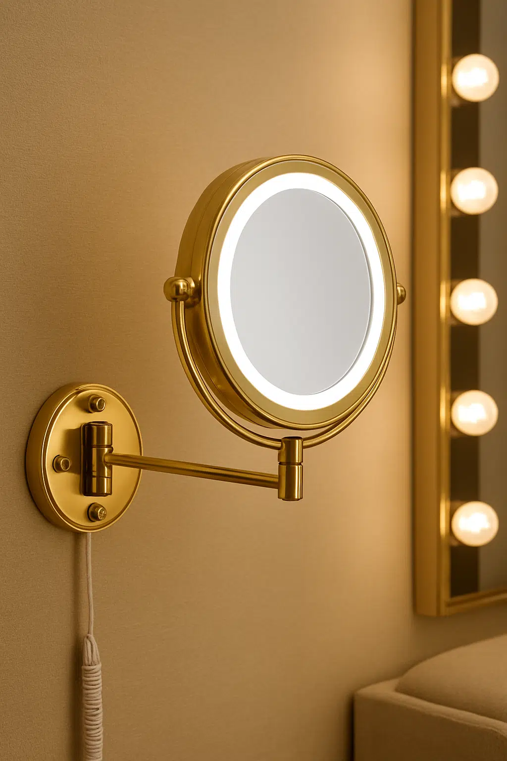 LuxEdge Wall-Mounted Gold LED Magnifying Mirror with Adjustable Arm