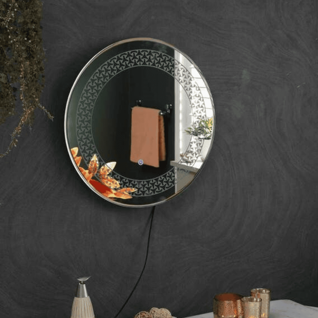 LuxeCircle™ Patterned LED Mirror India – Dual Glow Round Mirror with Etched Design and Touch Control 1
