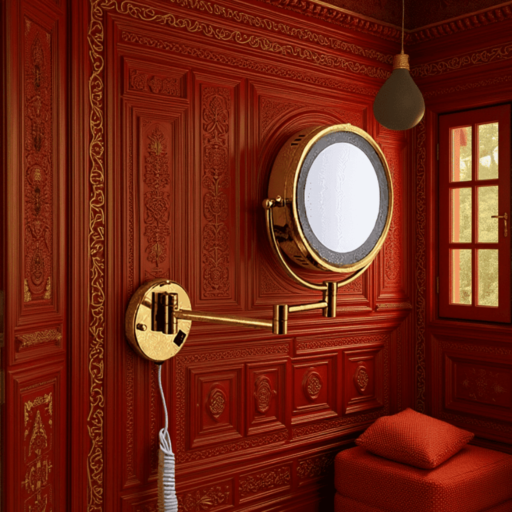 LuxEdge Wall-Mounted Gold LED Magnifying Mirror with Adjustable Arm 1