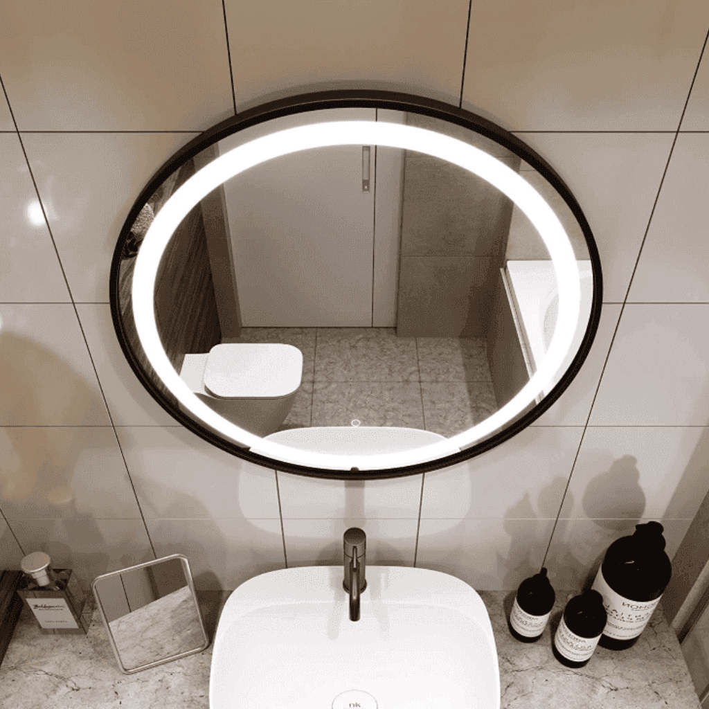 LunaGlow™ Round LED Mirror with Backlit Halo – Elegant Wall Mount Design