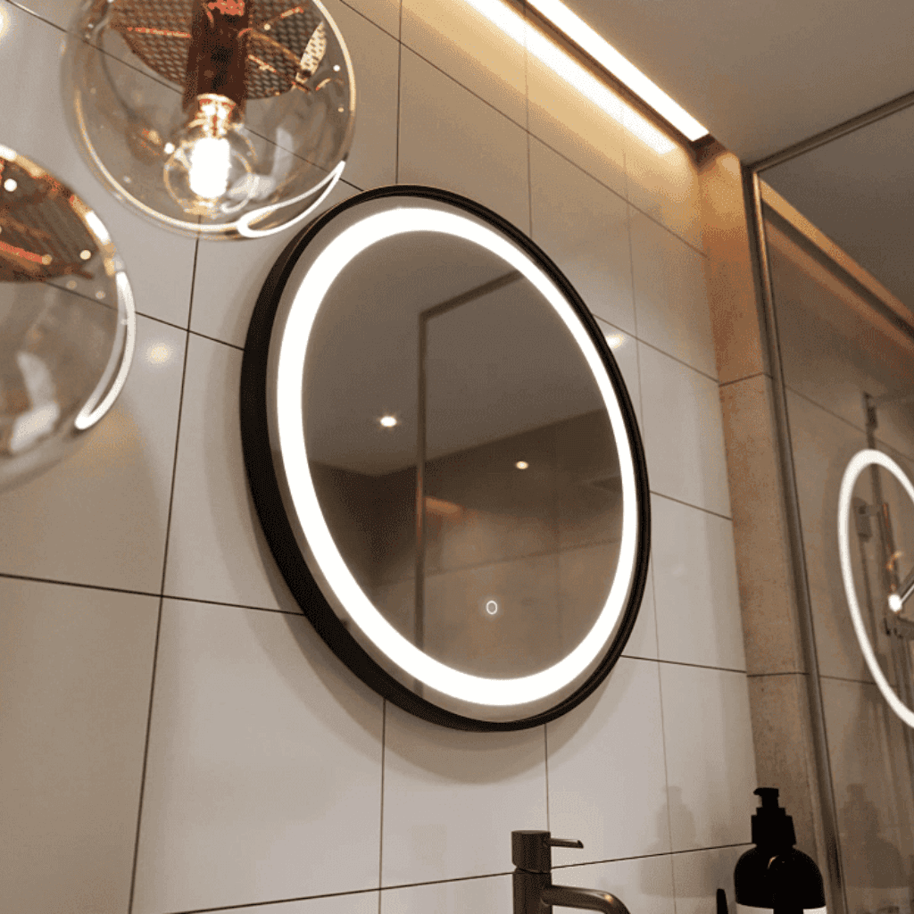 LunaGlow™ Round LED Mirror with Backlit Halo – Elegant Wall Mount Design 1