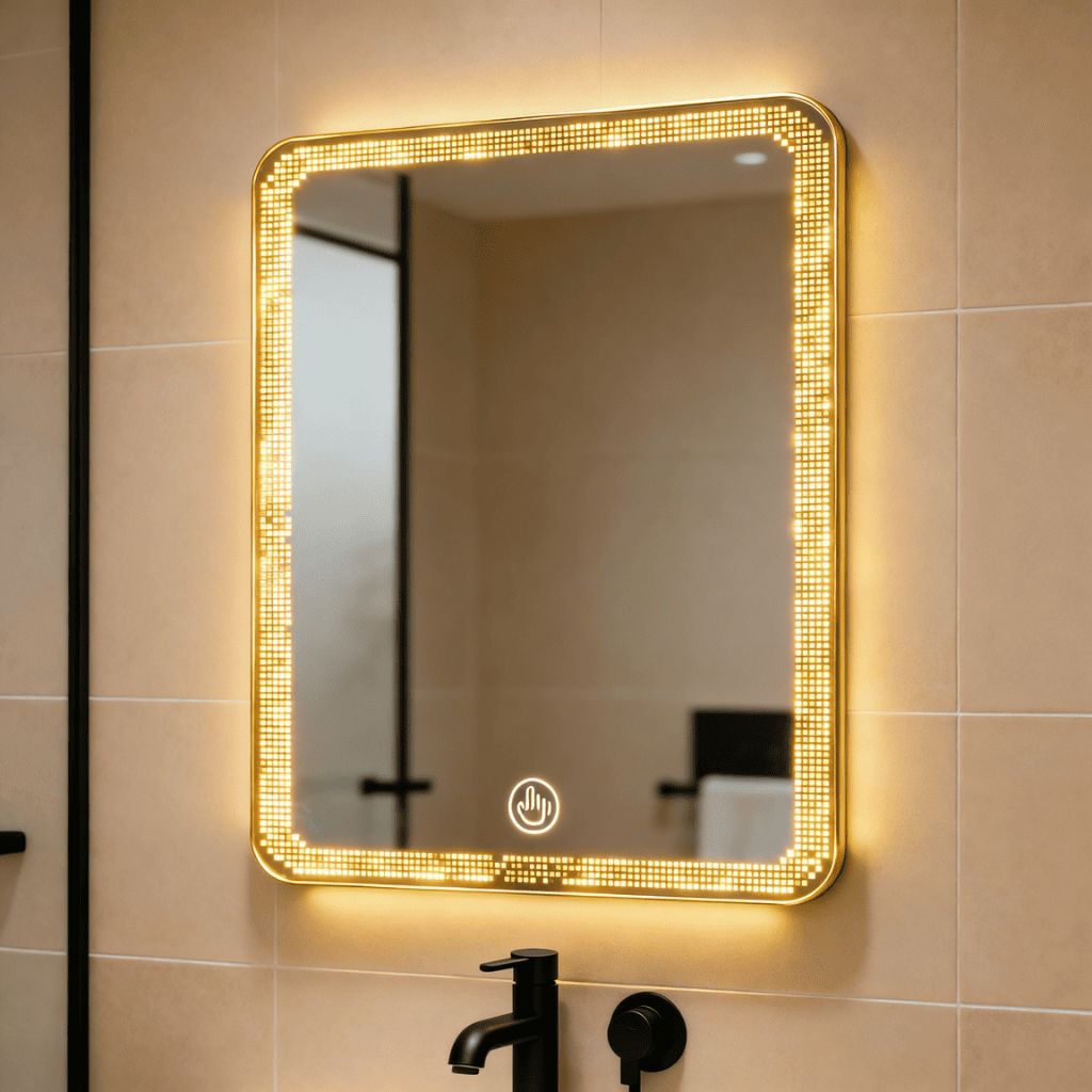 Golden Glow Pixel LED Mirror – Vertical Wall-Mounted Touch Sensor Mirror