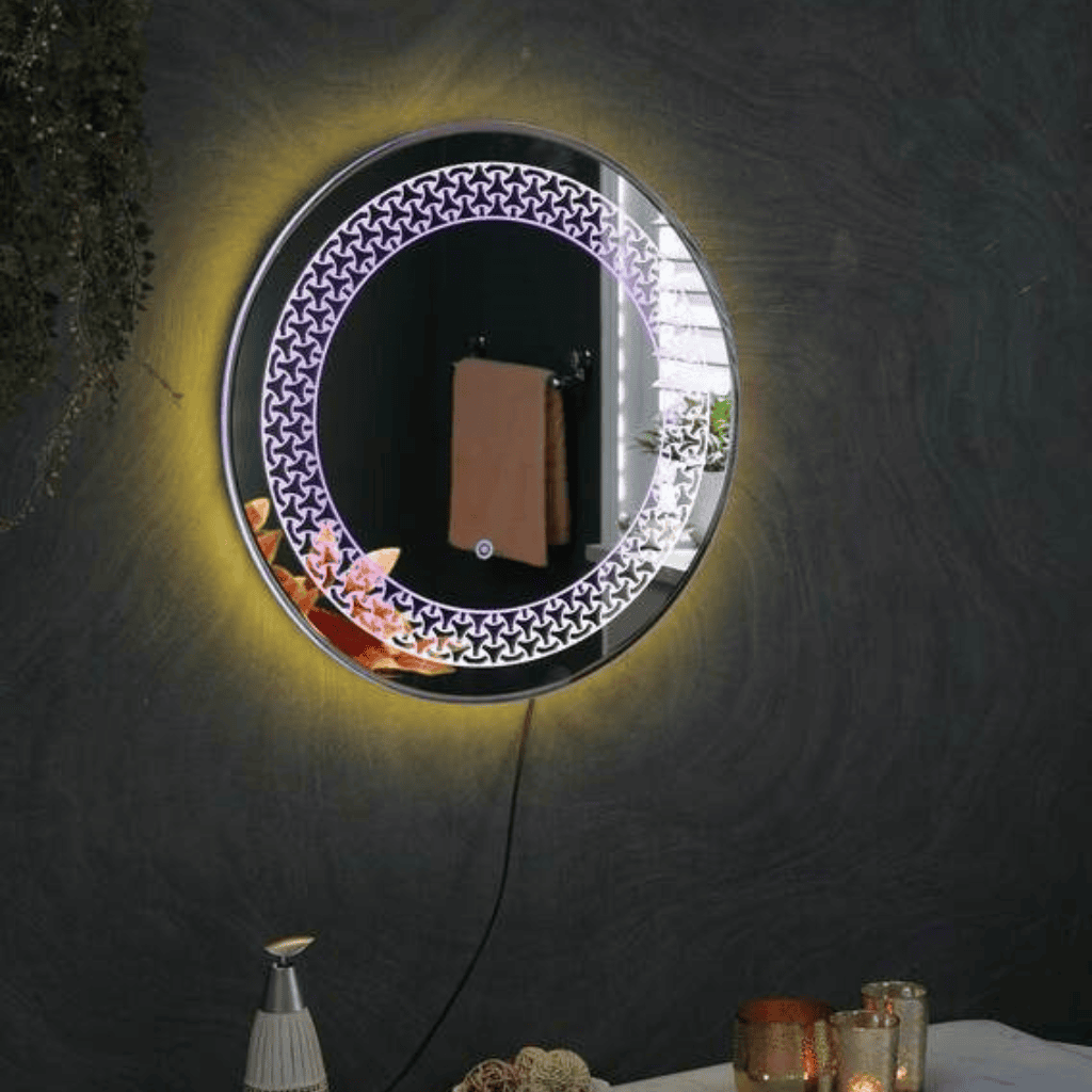 LuxeCircle™ Patterned LED Mirror India – Dual Glow Round Mirror with Etched Design and Touch Control