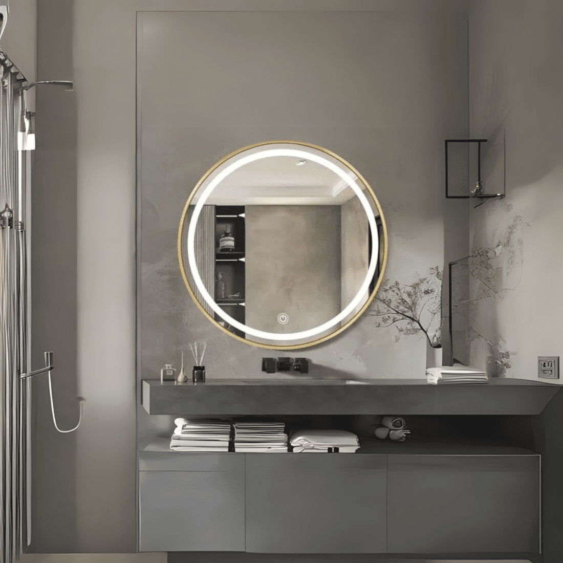 Round Bathroom Mirror Cabinet with Storage – White