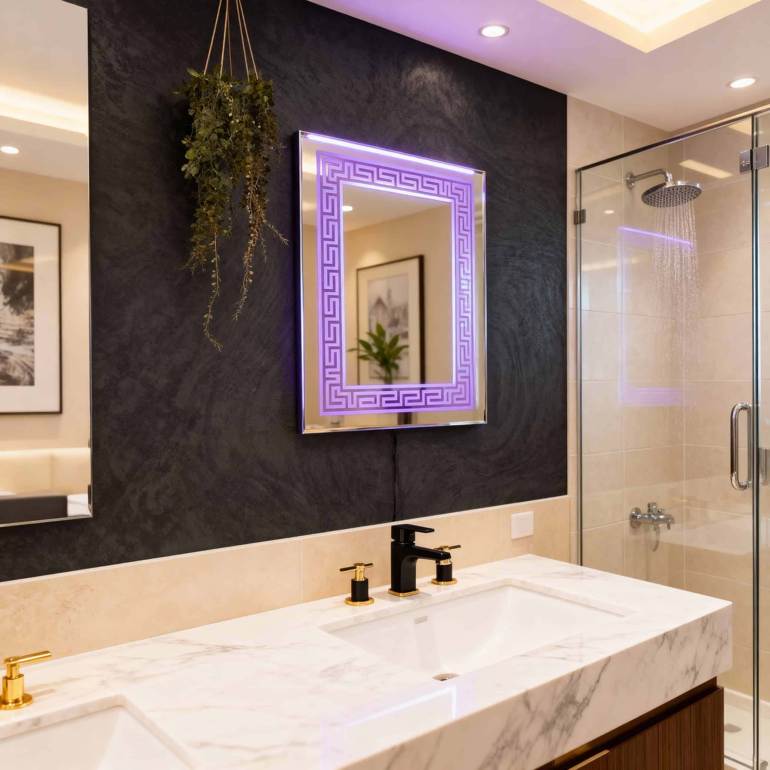 Modern Rectangular LED Vanity Mirror with Greek Border
