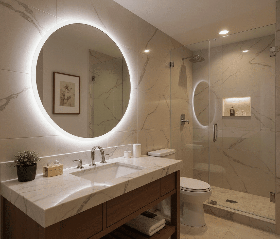Circular LED Mirror with Soft Backlighting | Modern Frameless Bathroom Mirror
