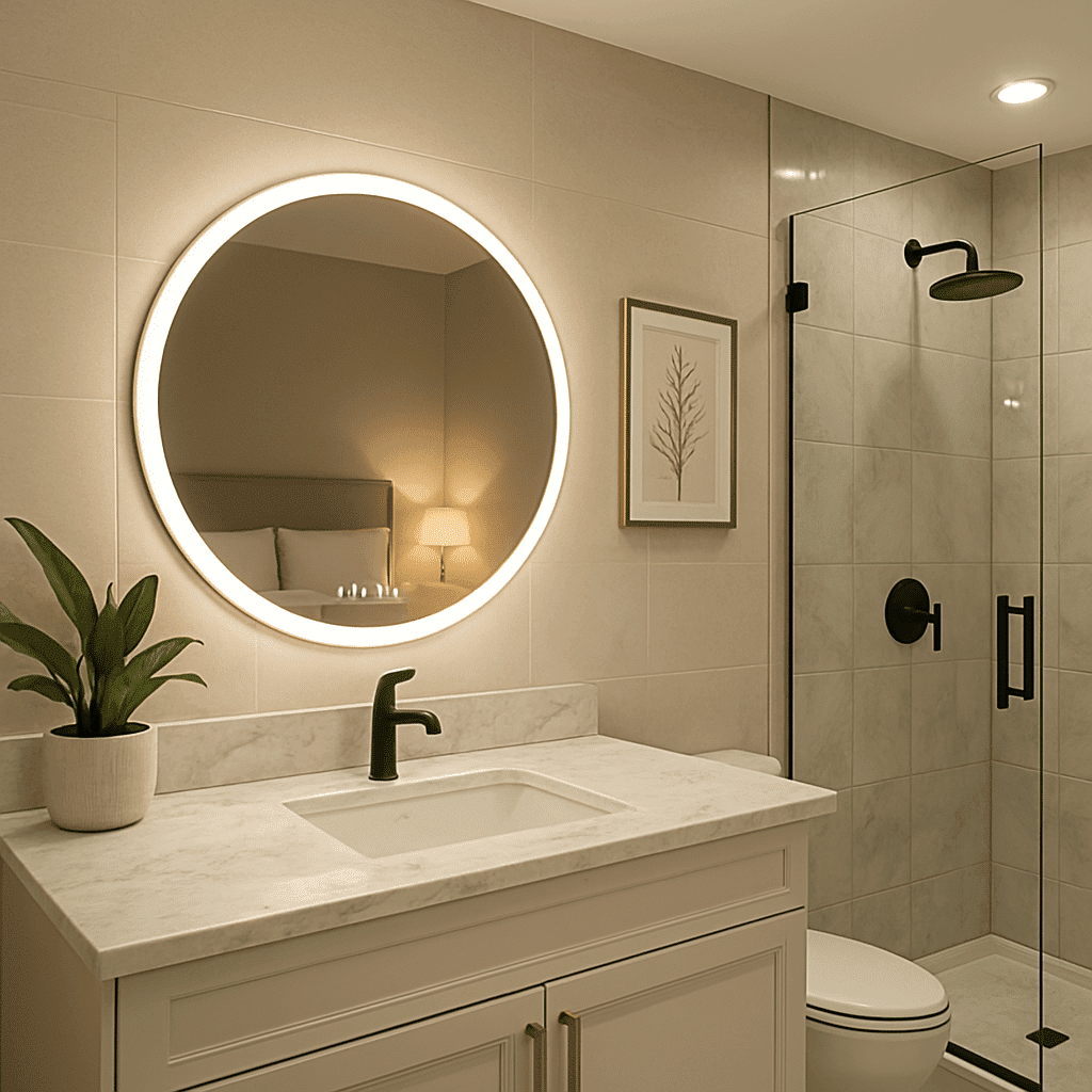 Smart Round LED Mirror with Clock Display for Bathroom