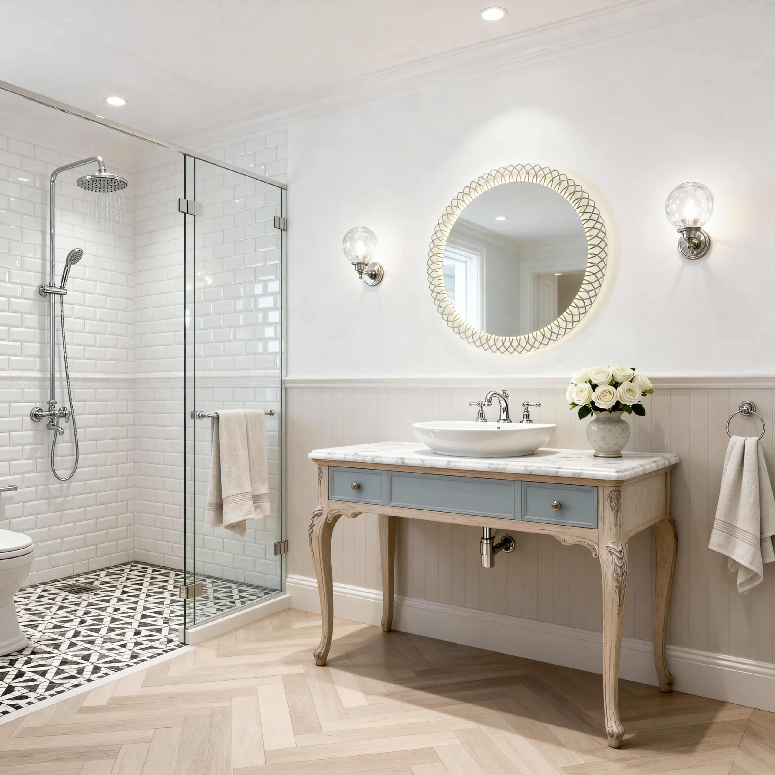 Designer Pattern Round LED Mirror with Ambient Glow & Anti-Fog