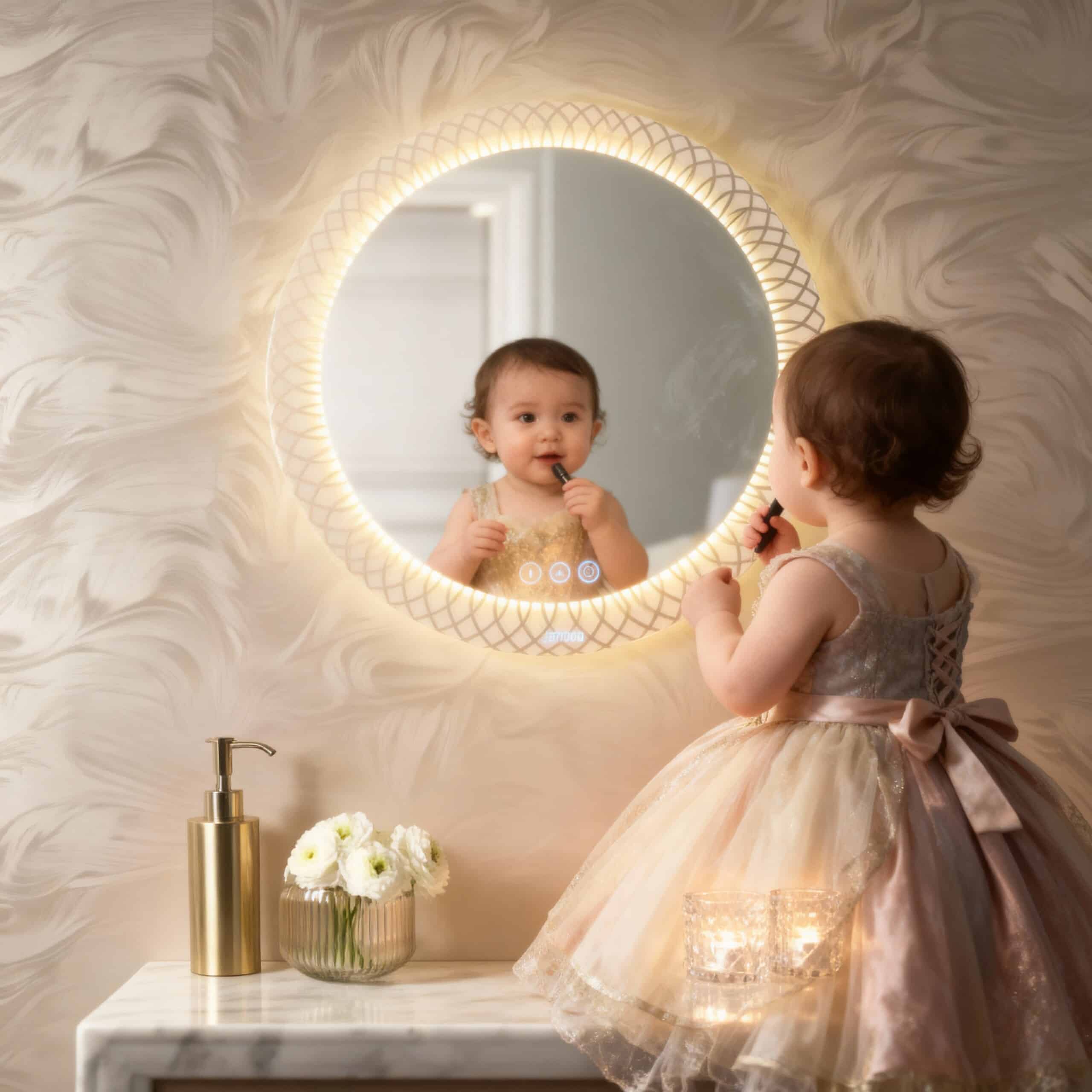 Designer Pattern Round LED Mirror with Ambient Glow & Anti-Fog