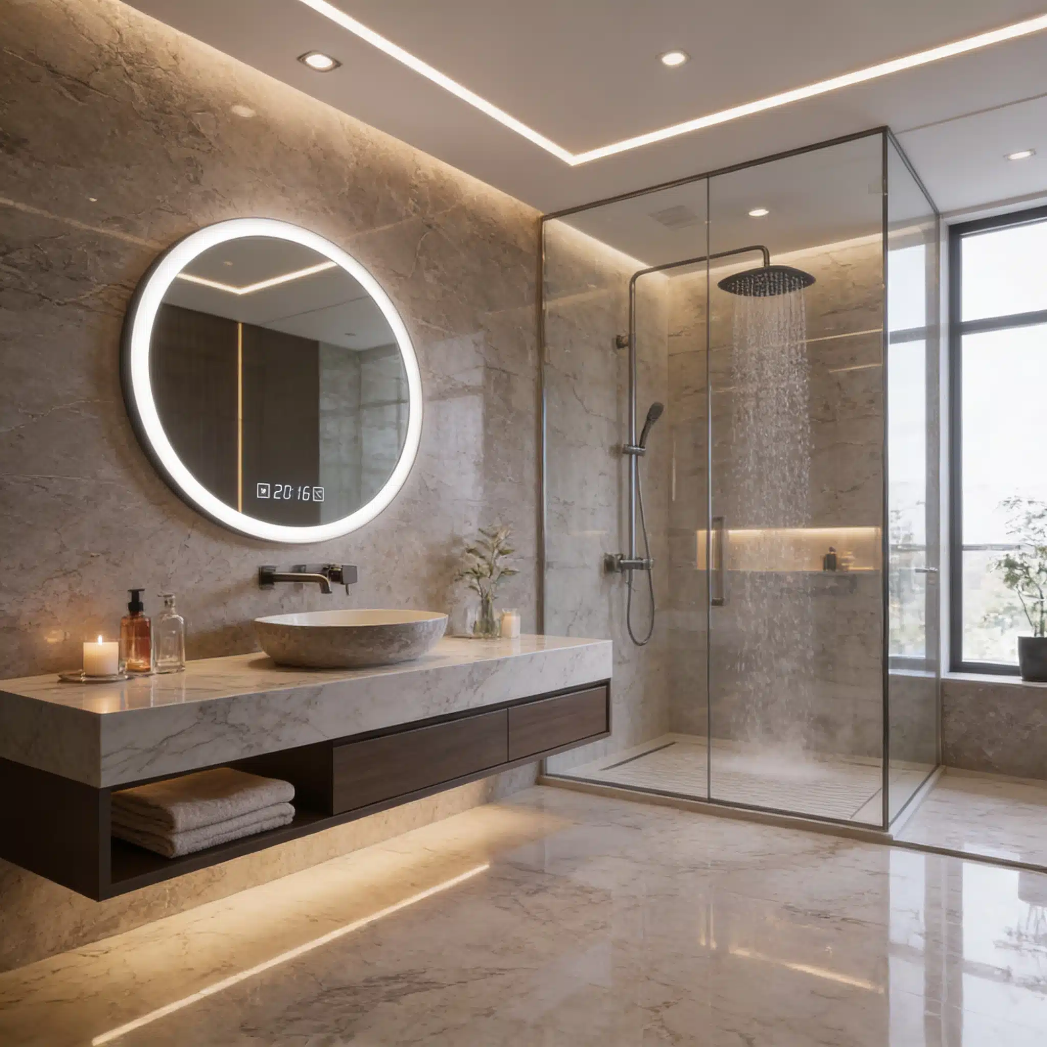Smart Round LED Mirror with Clock Display for Bathroom