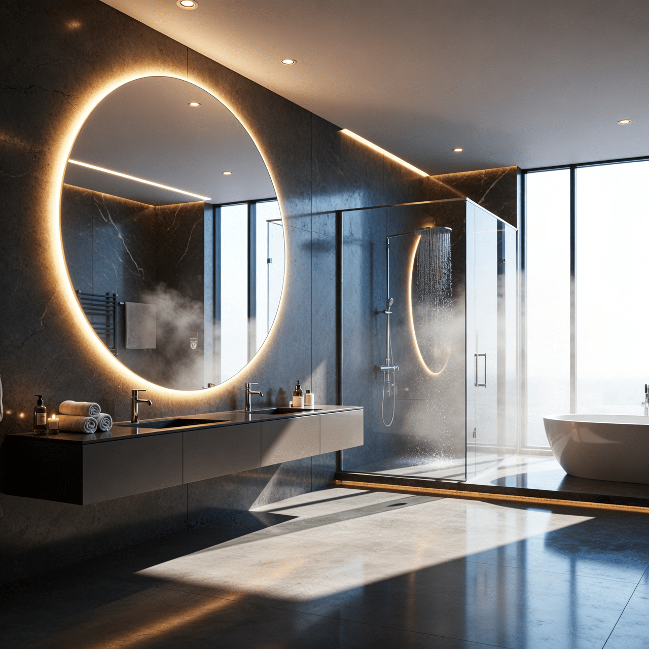 Large Round LED Bathroom Mirror with Ambient Backlight