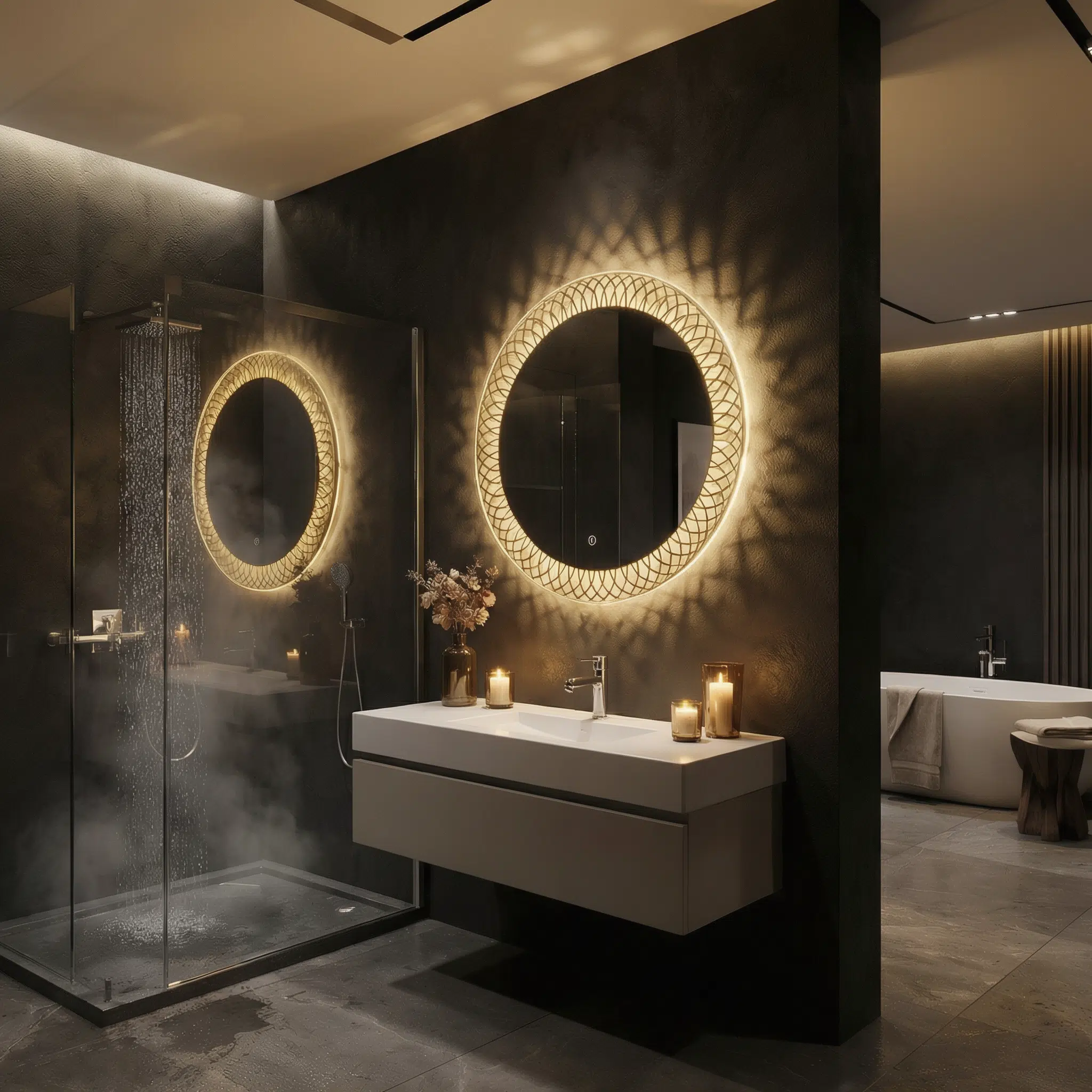 Designer Pattern Round LED Mirror with Ambient Glow & Anti-Fog