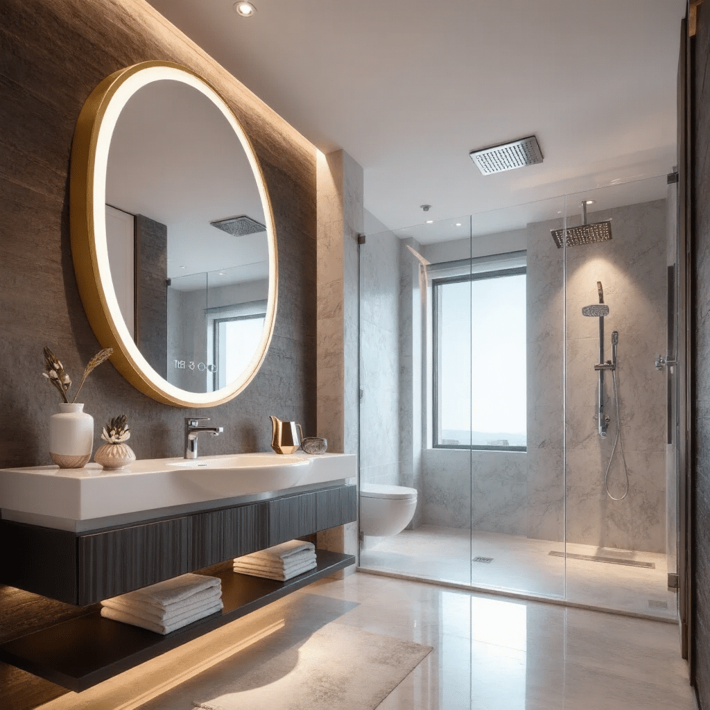 Modern Bathroom with Round LED Mirror and Warm Ambient Lighting
