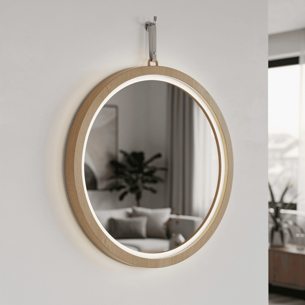 cHanging Round LED Mirror with Strap – Modern Vanity Mirror with Touch Sensor