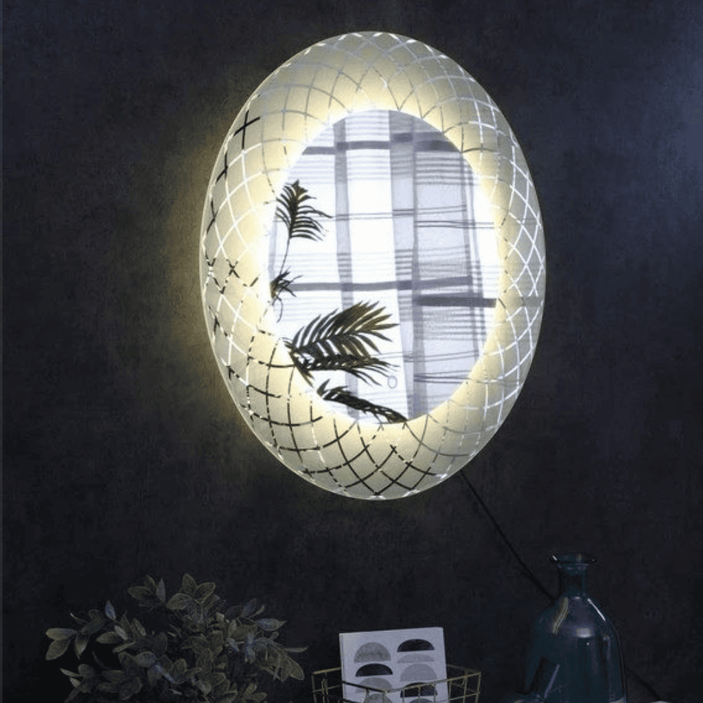 HaloGrid™ Golden Oval LED Mirror India – Etched Frame Mirror with Warm Glow and Touch Sensor