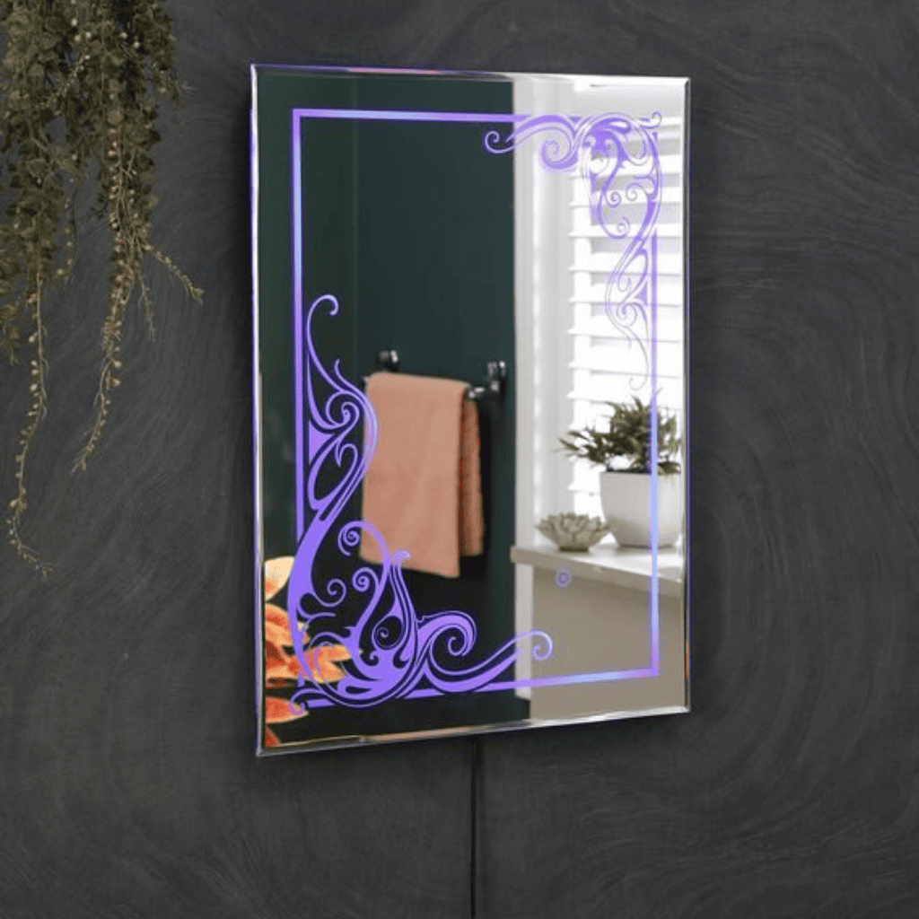 Artistic Mirror with Purple Edge Lighting and Touch Sensor