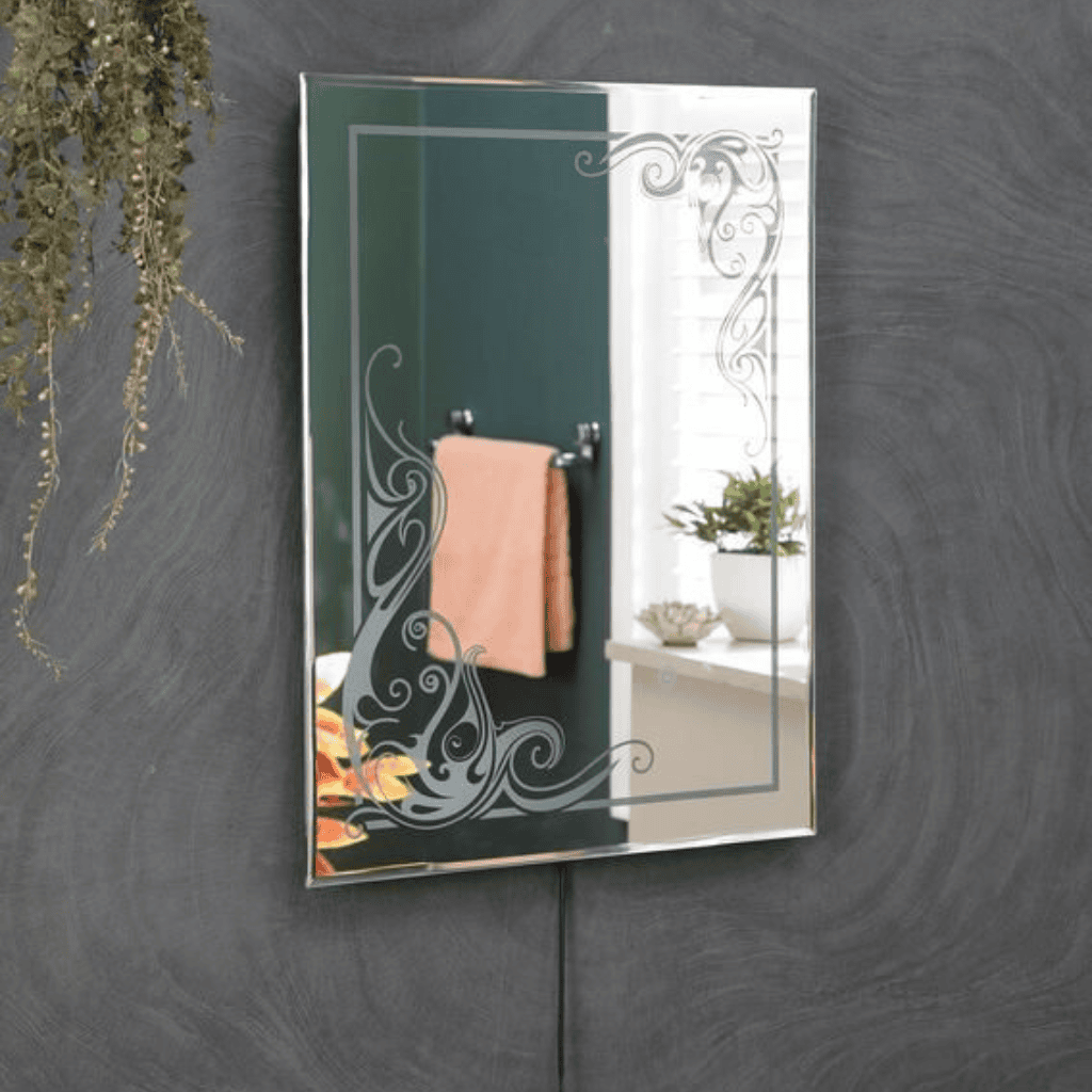 Artistic Mirror with Purple Edge Lighting and Touch Sensor