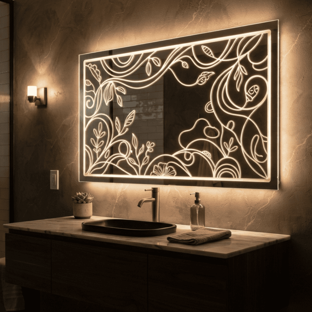 LED Mirror with Horse and Palm Design – Artistic Landscape Wall Mirror