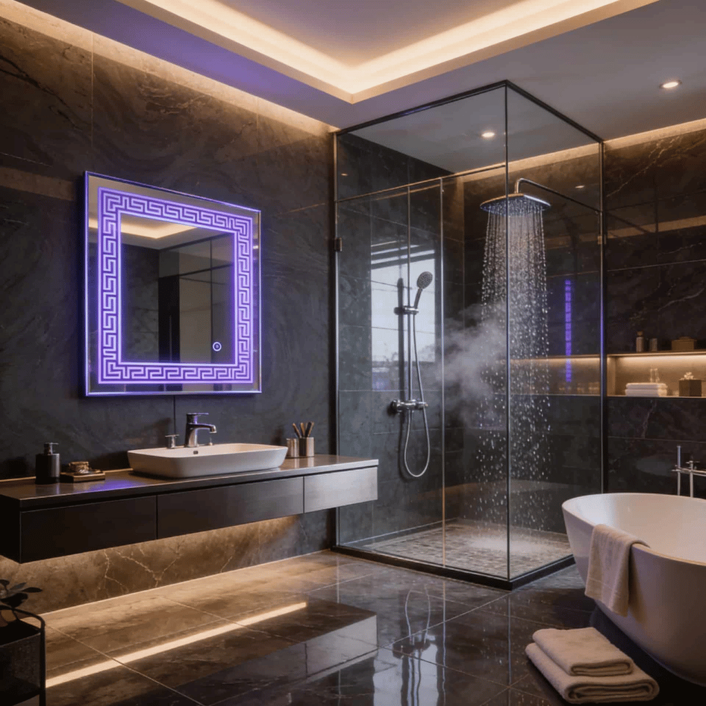 Modern Rectangular LED Vanity Mirror with Greek Border