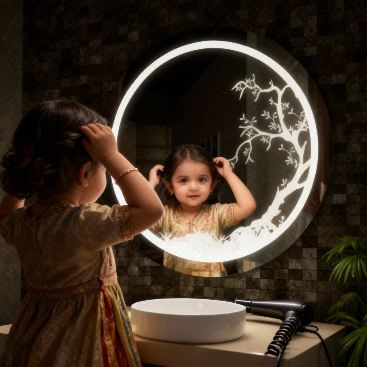 Circular LED Mirror with Artistic Tree Design and Ambient Lighting