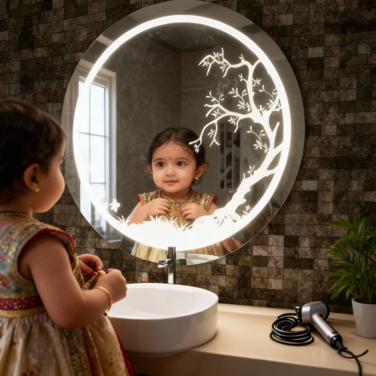 Circular LED Mirror with Artistic Tree Design and Ambient Lighting