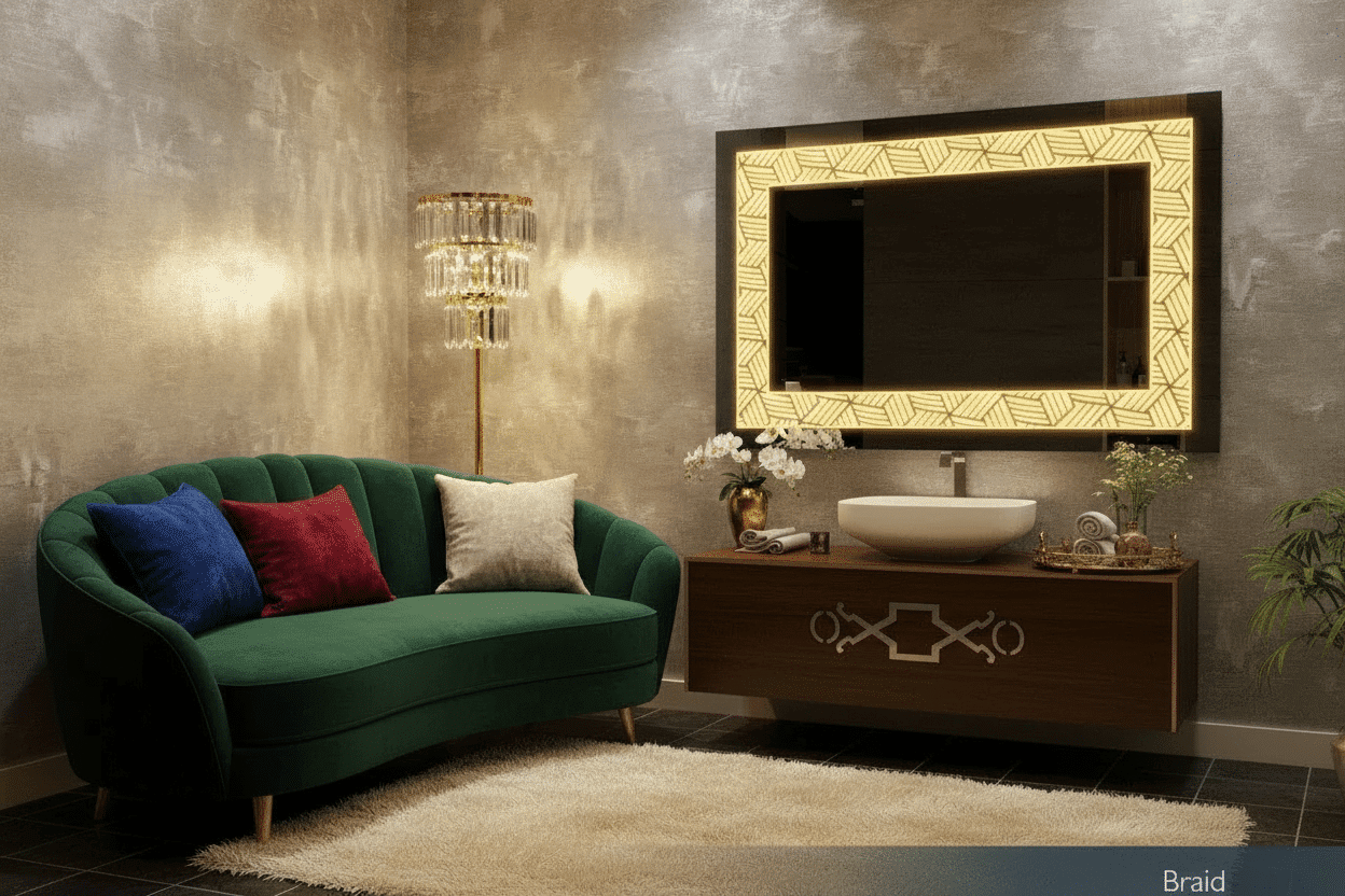 Rectangular LED Mirror with Braid Patterned Frame for Elegant Interiors 4 Rectangular LED Mirror with Braid Patterned Frame for Elegant Interiors 4