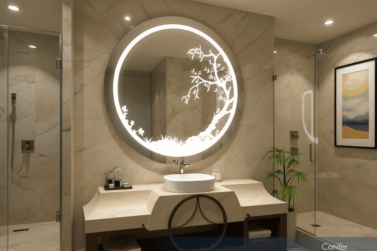 Circular LED Mirror with Artistic Tree Design and Ambient Lighting